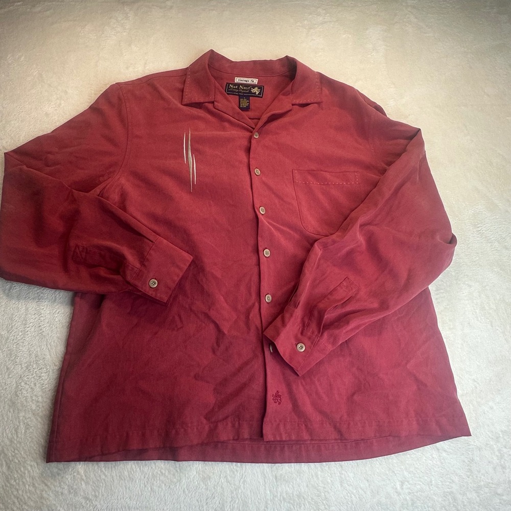 Nat Nast Luxury Originals Red 100% Silk Long Sleeve Button Down Shirt Large